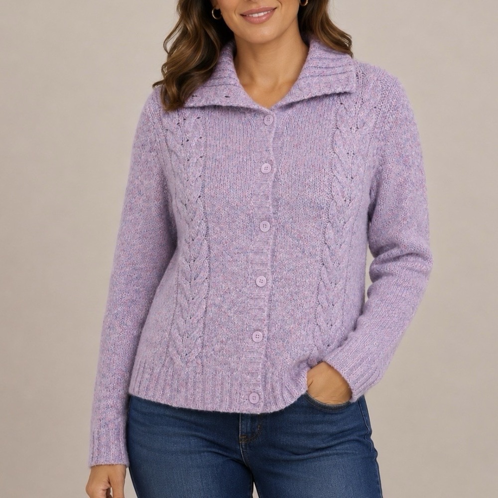 LL Bean Lilac Cable Marled Collar Button Wool Blend Cardigan Sweater SMALL